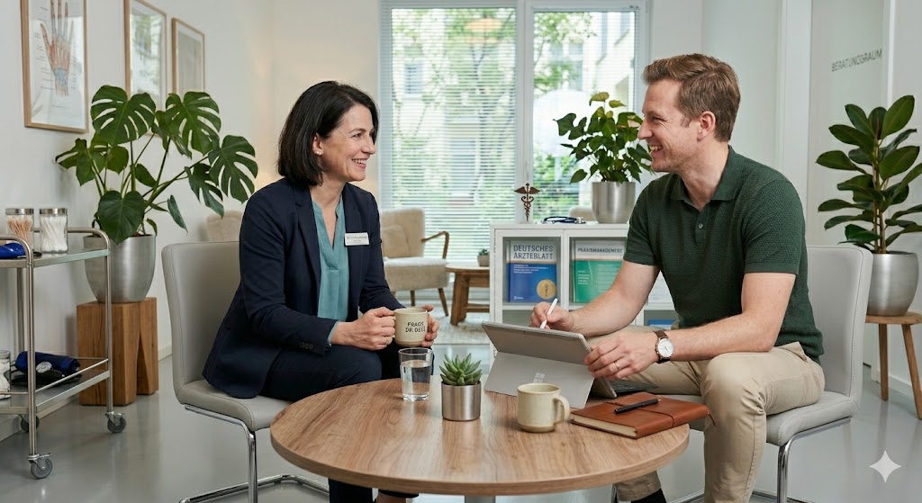 Berater und Arzt in partnerschaftlichem Gespr&auml;ch