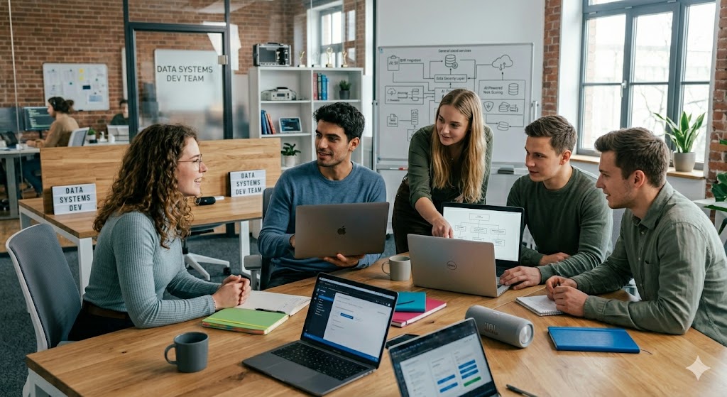 Entwicklerteam arbeitet an medizinischer Software-Plattform