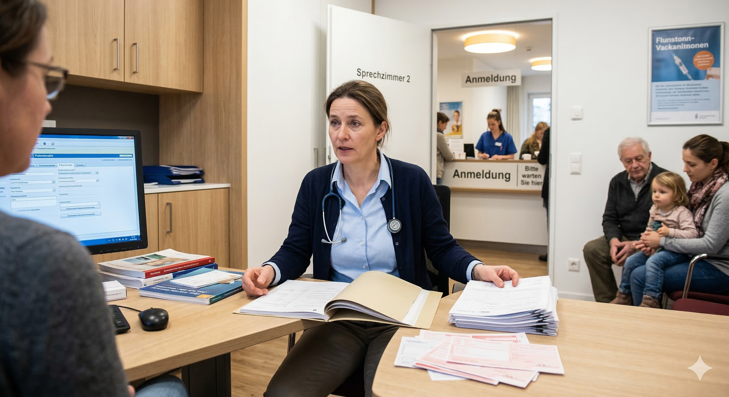 &Uuml;berlastete Arztpraxis mit Papierstapeln und Wartezimmer